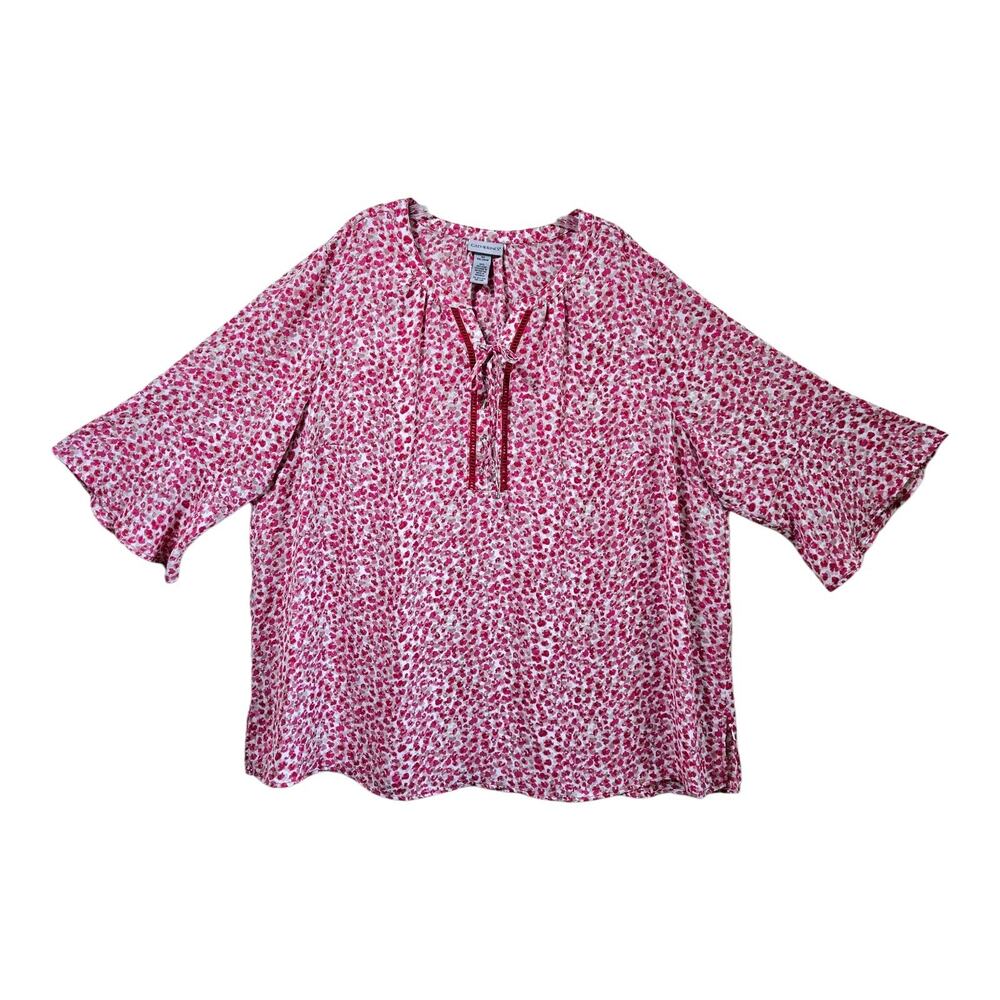 CATHERINES Women Plus 22 24 Tunic Blouse Pink White 3/4 Bell Sleeve Lace Up 54"